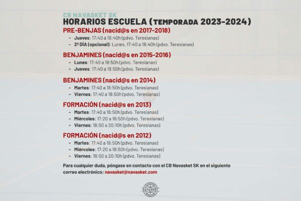 HORARIOS NAVASKET 2023-2024 | Escuela (nacid@s entre 2018 y 2012)