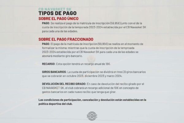 INSCRIPCIONES NAVASKET 2023-2024 | Tipos de pago
