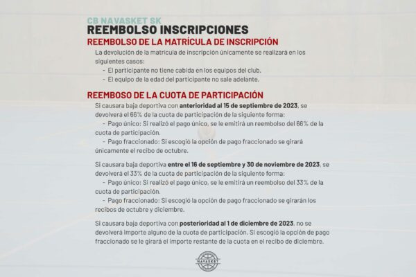 INSCRIPCIONES NAVASKET 2023-2024 | Reembolso de inscripciones